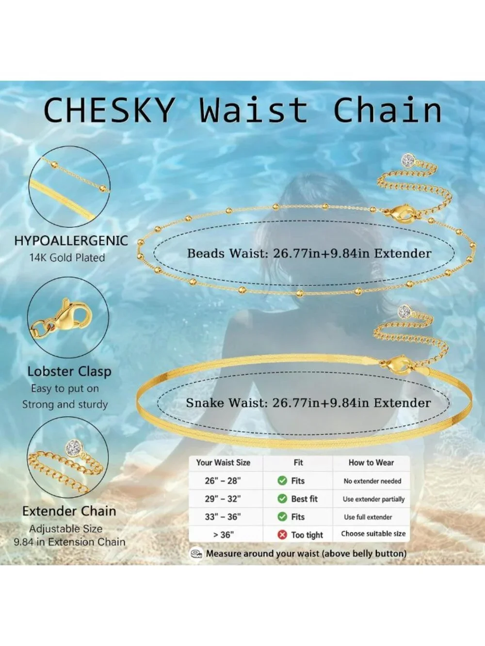 14K Gold Plated Layered Waist Chain for Women, Elegant Waist Beads Accessory